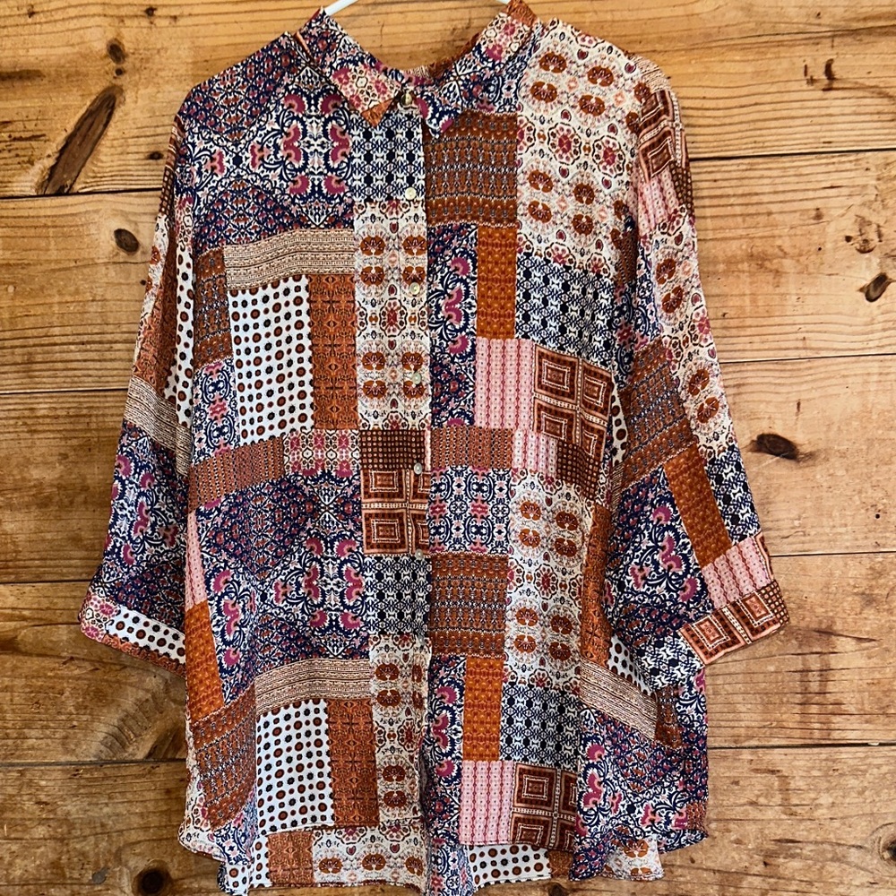 Rose & Olive Patchwork Button-Up Shirt Lightweight - image 1